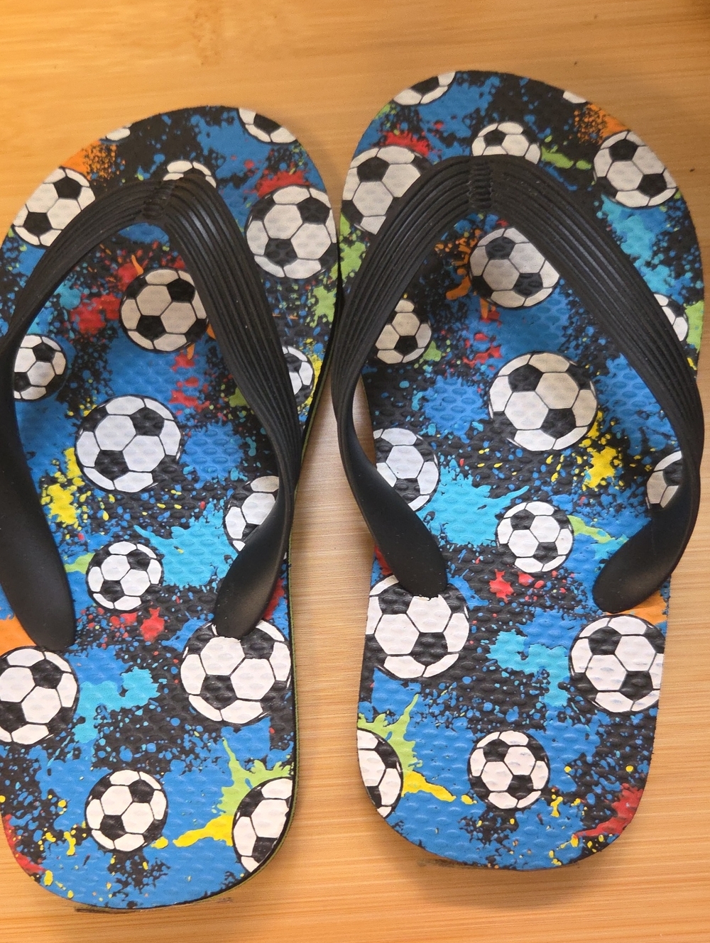 Kids Blue Soccer Print Flip Flops - SIZE 11/12